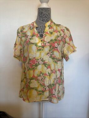 Floral Lemon Print Short Sleeve Blouse - Yellow/Coral